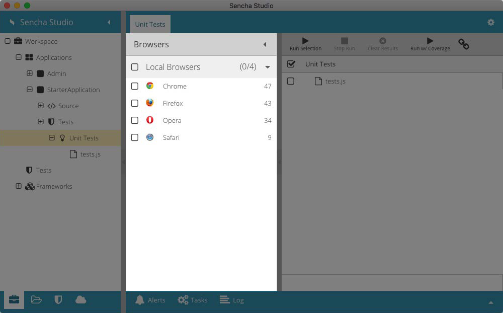Sencha Studio Test Runner Browsers View